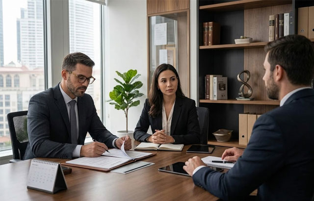 Advogados em reunião com cliente