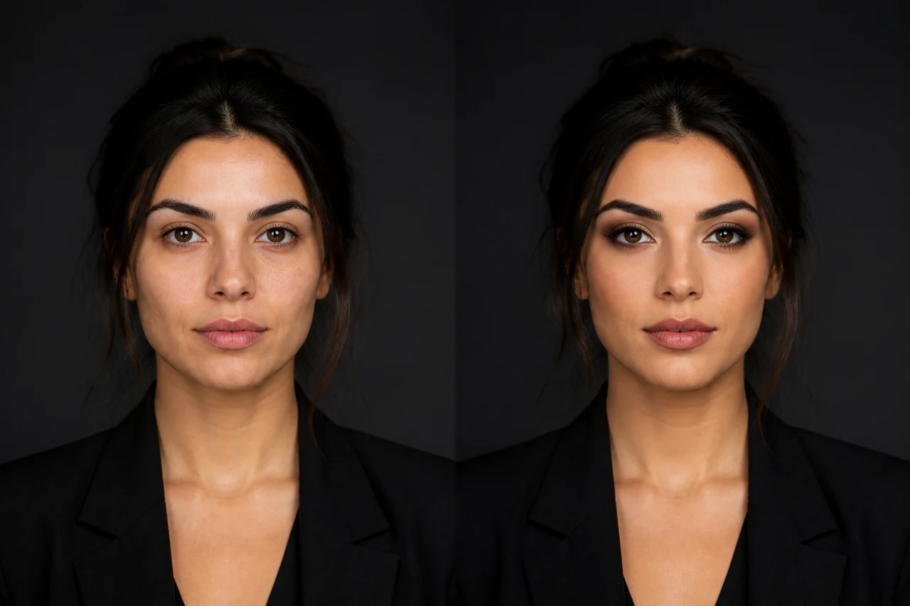 Comparação de resultado antes e depois da maquiagem