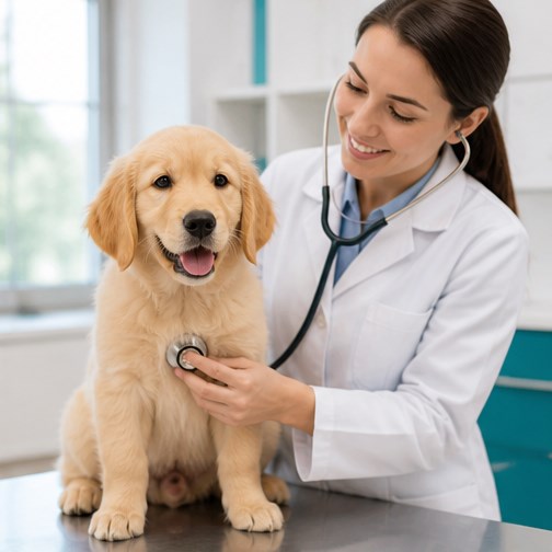Veterinária examinando um filhote