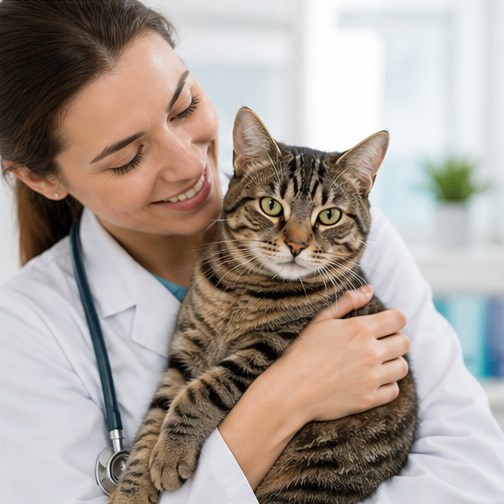 Veterinária cuidando de um gato
