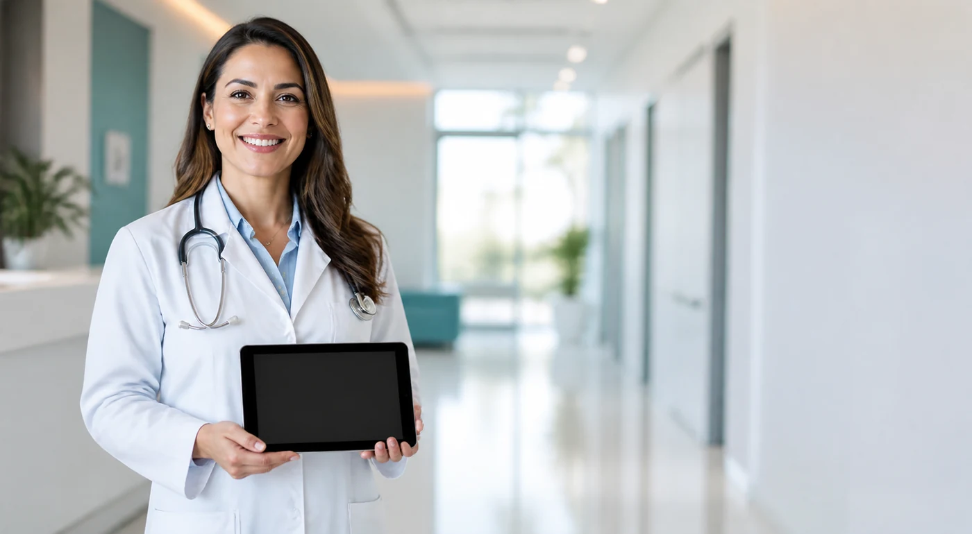 Médica em corredor moderno da clínica