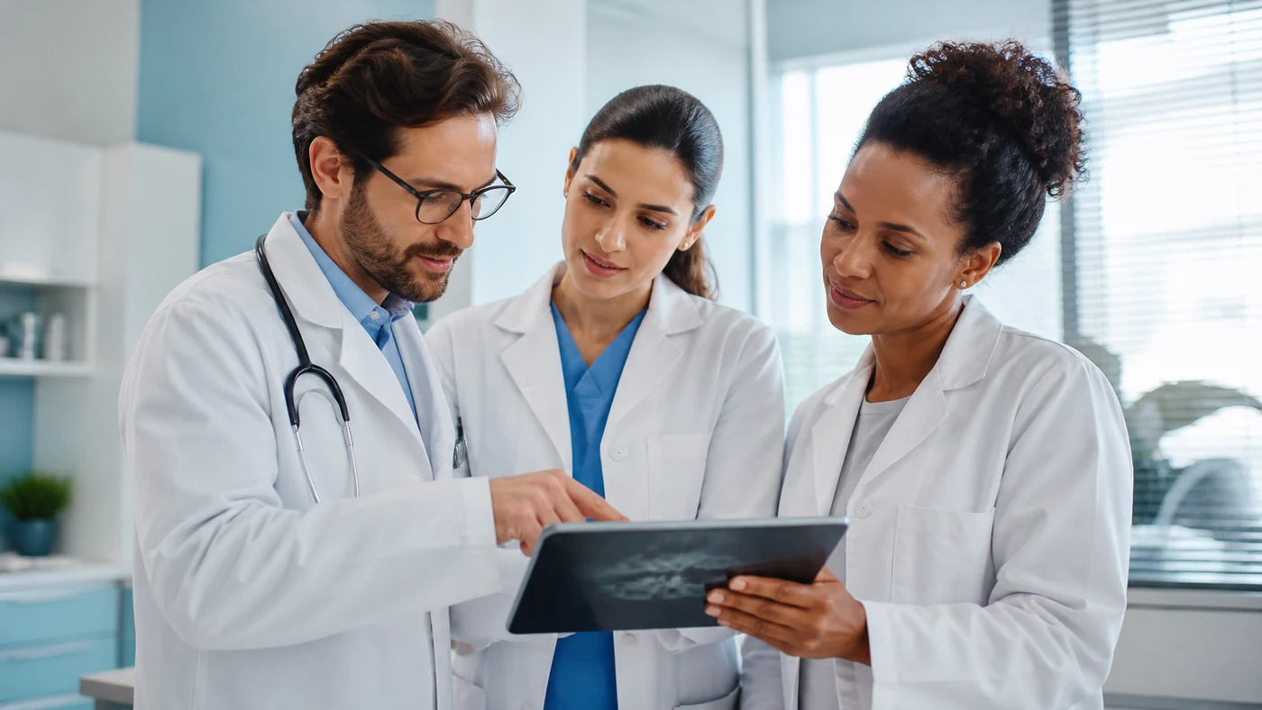 Equipe médica analisando informações em conjunto